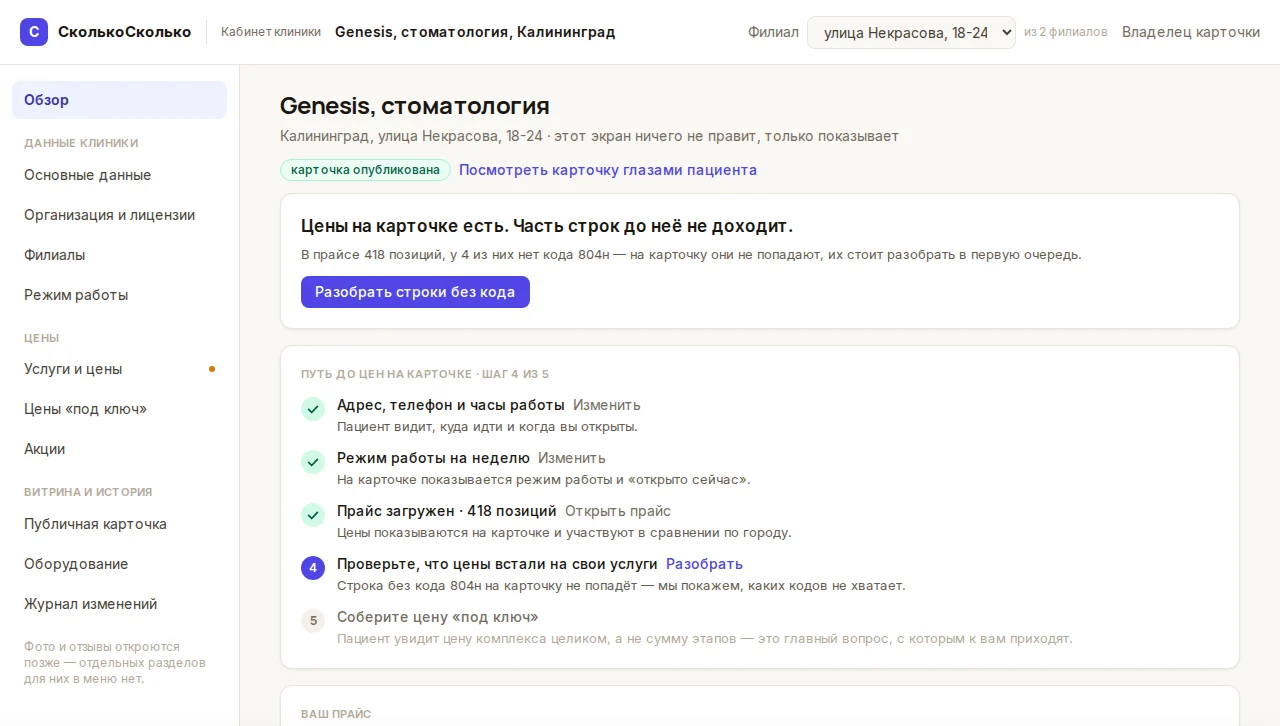 Обзор кабинета клиники: путь до цен на карточке по шагам